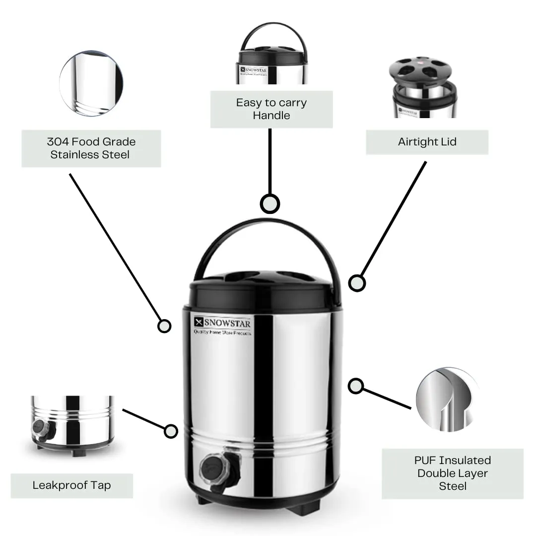 Snowstar Double Walled Stainless Steel Hot Tea/Water Thermos for Office Home Kitchen, 8 Liter-Silver, PUF Insulated Hot and Cold Water Dispenser with Leak Proof Tap I Durable & Sturdy Base