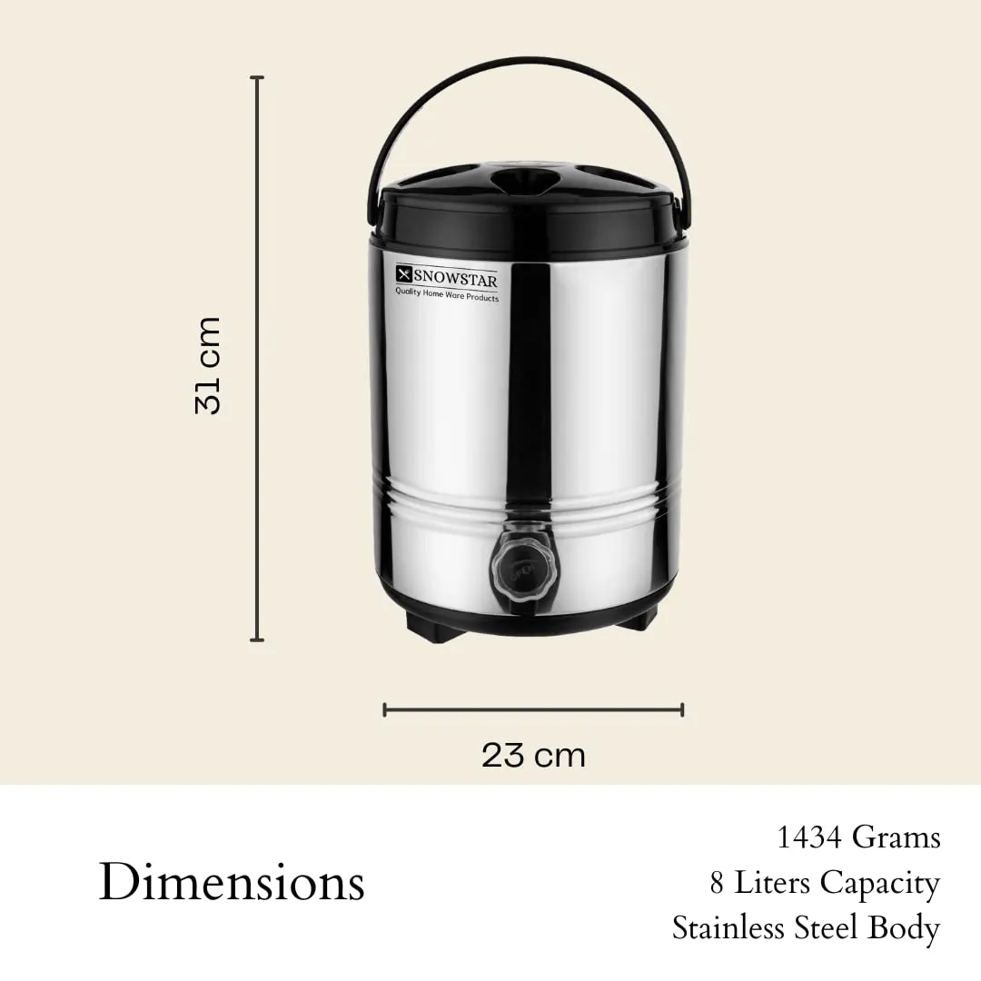 Snowstar Double Walled Stainless Steel Hot Tea/Water Thermos for Office Home Kitchen, 8 Liter-Silver, PUF Insulated Hot and Cold Water Dispenser with Leak Proof Tap I Durable & Sturdy Base