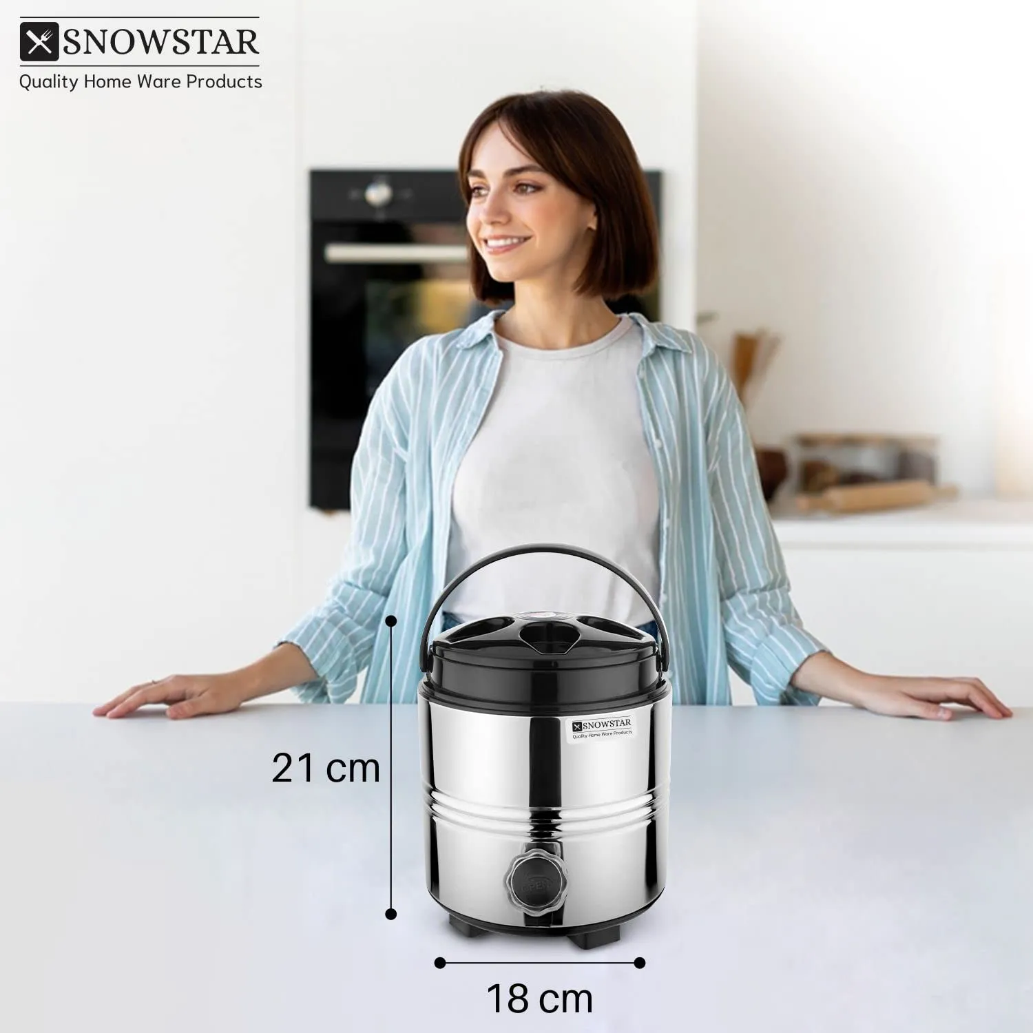 Snowstar PUF Insulated Water Jug 3 Liters, Silver - Stainless Steel Hot and Cold Water Dispenser for Office Home Kitchen - Easy to Carry Handle, Highly Durable & Sturdy - Hot Tea Flask/Jug