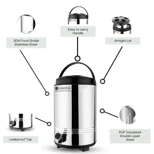 Snowstar Stainless Steel Insulated Water Dispenser for Office Home Kitchen - 10 Liters, Silver - Hot and Cold Water Jug with Airtight & Leak Proof Lids - PUF Insulated Body - Durable & Sturdy