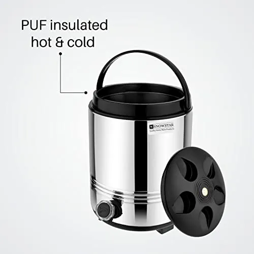 Snowstar Stainless Steel Insulated Water Dispenser for Office Home Kitchen - 10 Liters, Silver - Hot and Cold Water Jug with Airtight & Leak Proof Lids - PUF Insulated Body - Durable & Sturdy