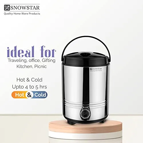 Snowstar Stainless Steel Insulated Water Dispenser for Office Home Kitchen - 10 Liters, Silver - Hot and Cold Water Jug with Airtight & Leak Proof Lids - PUF Insulated Body - Durable & Sturdy