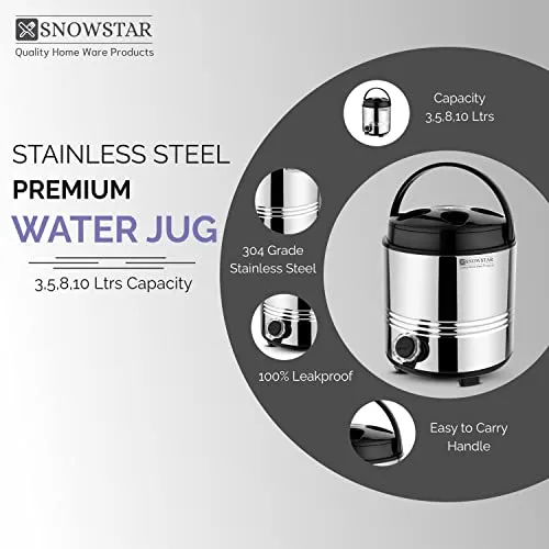 SNOWSTAR Stainless Steel PUF Insulated Hot Tea Containers/Jug For Office Home Kitchen - Hot and Cold Water Dispenser 5 Liters, Silver - Easy To Carry Handle - Mayur Jug With Tap - Tea/Water/Coffee Jug