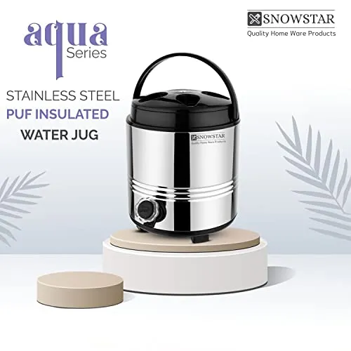 Snowstar Stainless Steel Travel Water Jug with Airtight & Leak Proof Plastic Lid - 5 Liters, Silver - PUF Insulated Hot and Cold Water Dispenser for Office Home Kitchen - 100% Food Safe & Durable