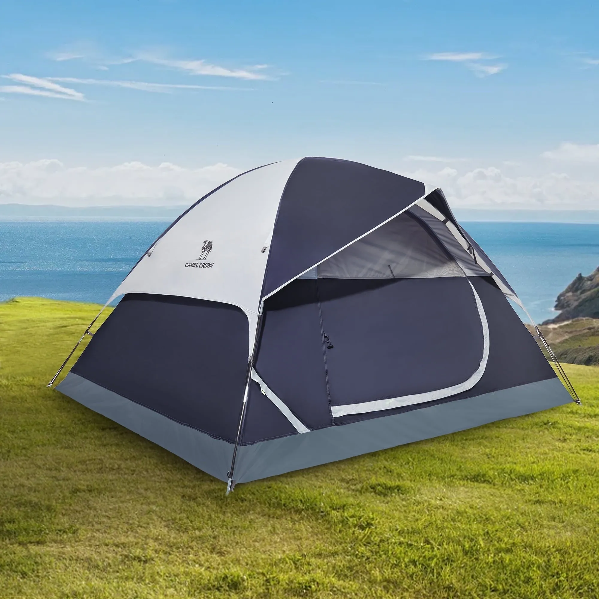 versatile 3-4 Person Dome Tent Waterproof Camping Tents Outdoor Travel Backpacking Tent,Navy Blue Gray