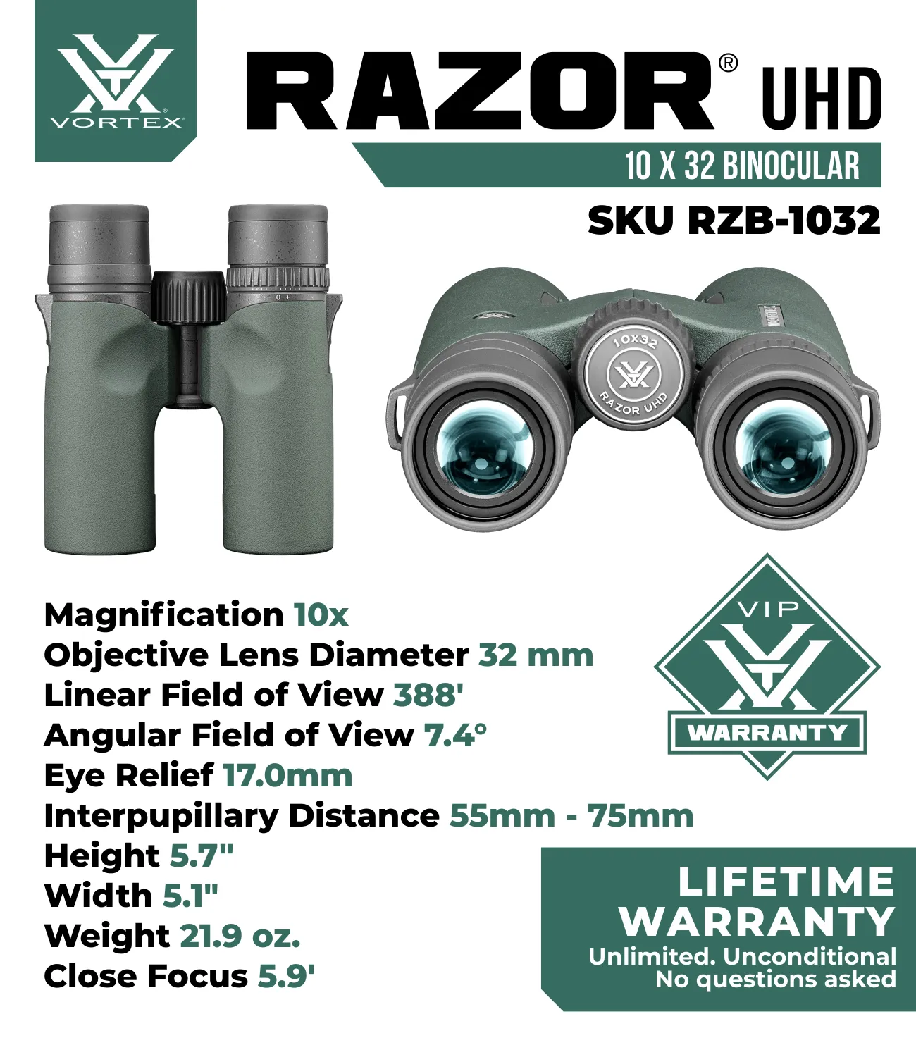 Vortex Optics Razor UHD 10x32 Binocular (RZB-1032)