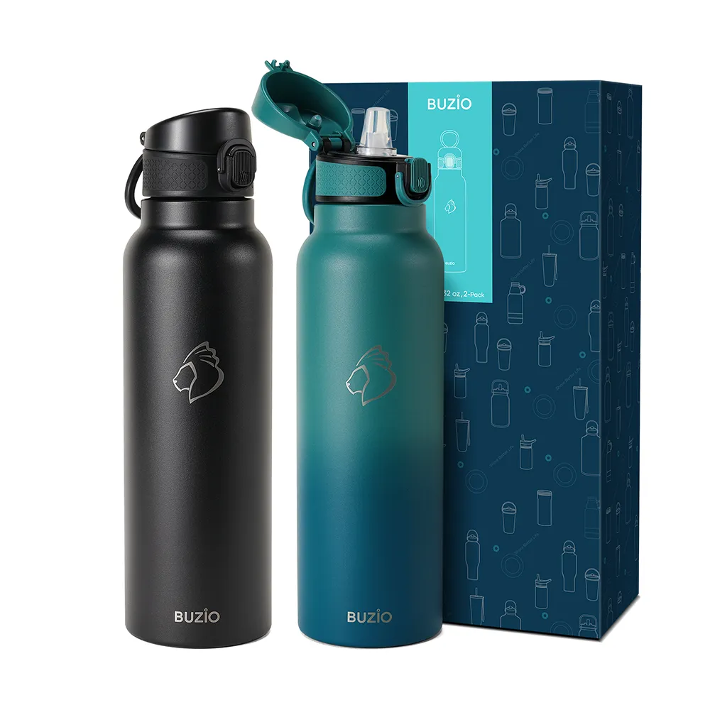 Water Bottle with Push Button Silicone Straw Lid | 12oz - 32oz