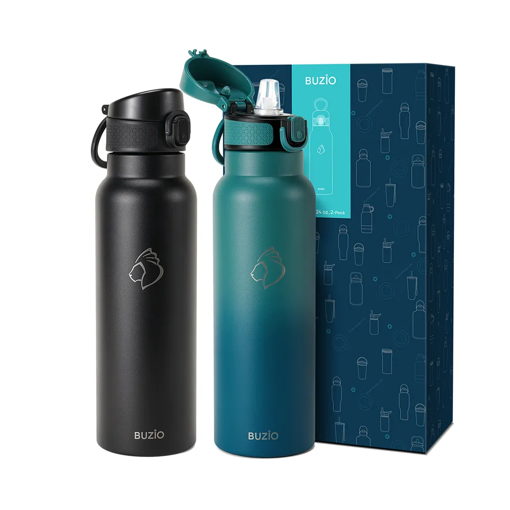 Water Bottle with Push Button Silicone Straw Lid | 12oz - 32oz